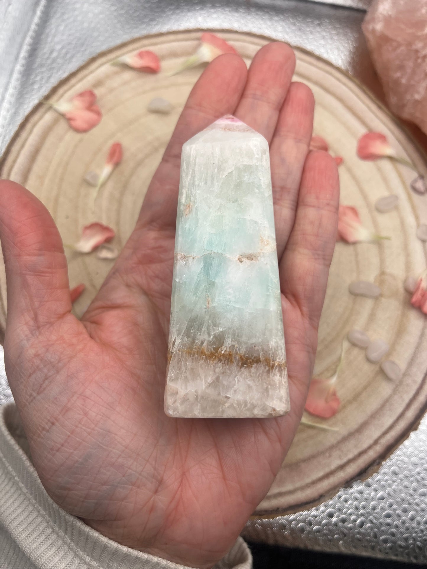 Pink aragonite and pistacio calcite tower.