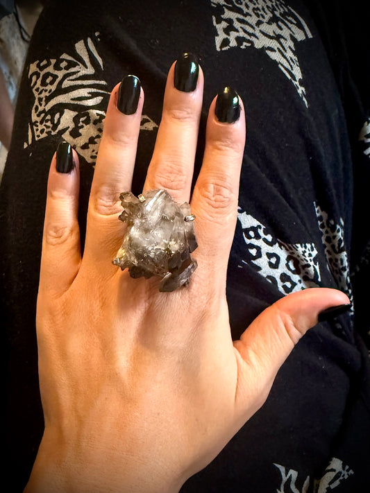 Smokey Quartz Cluster ring for depression, anxiety and protection. Silver / Gold Plated Adjustable Ring.