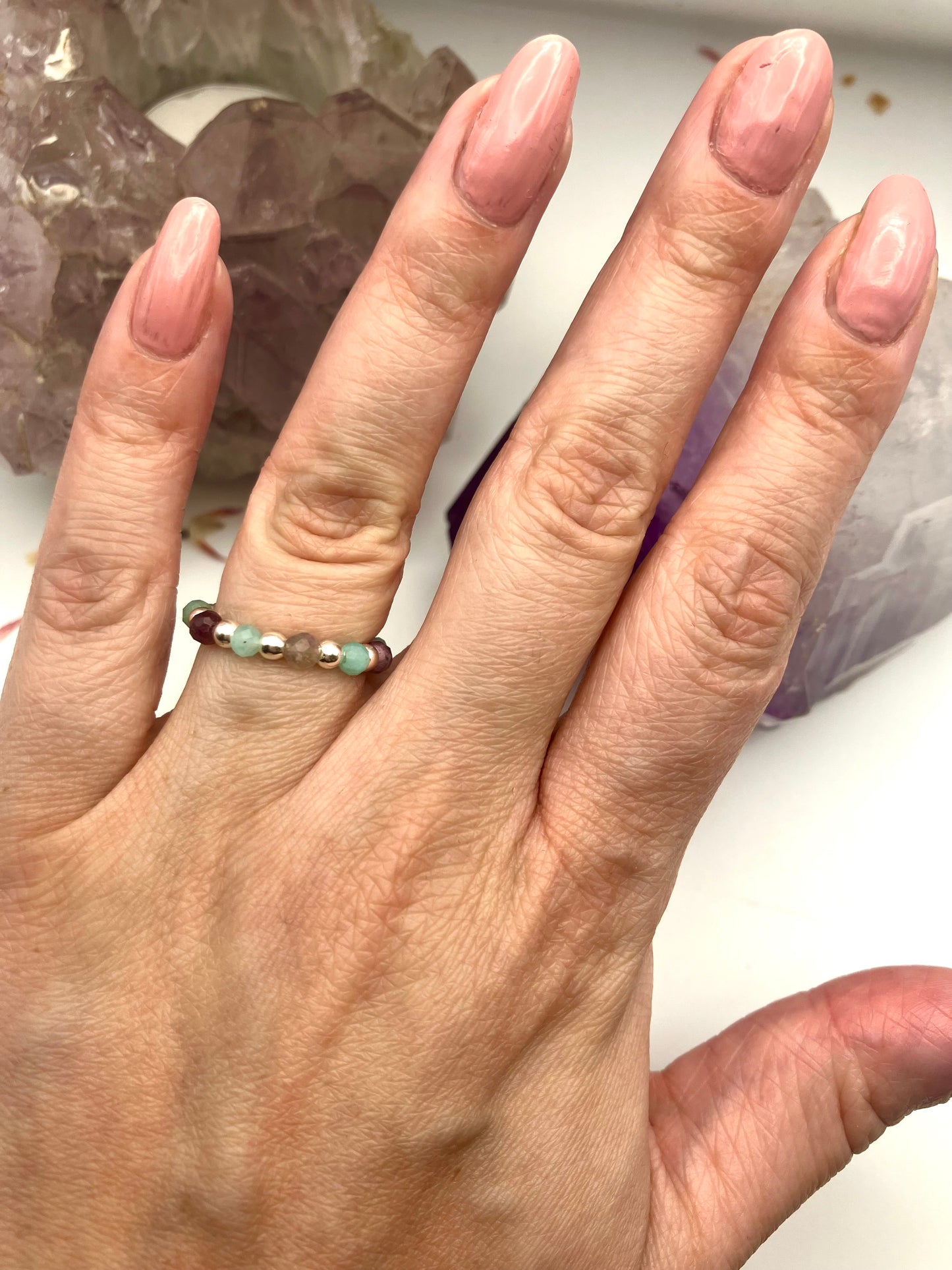 Pink Tournaline and Amazonite. Sterling silver stretch ring.