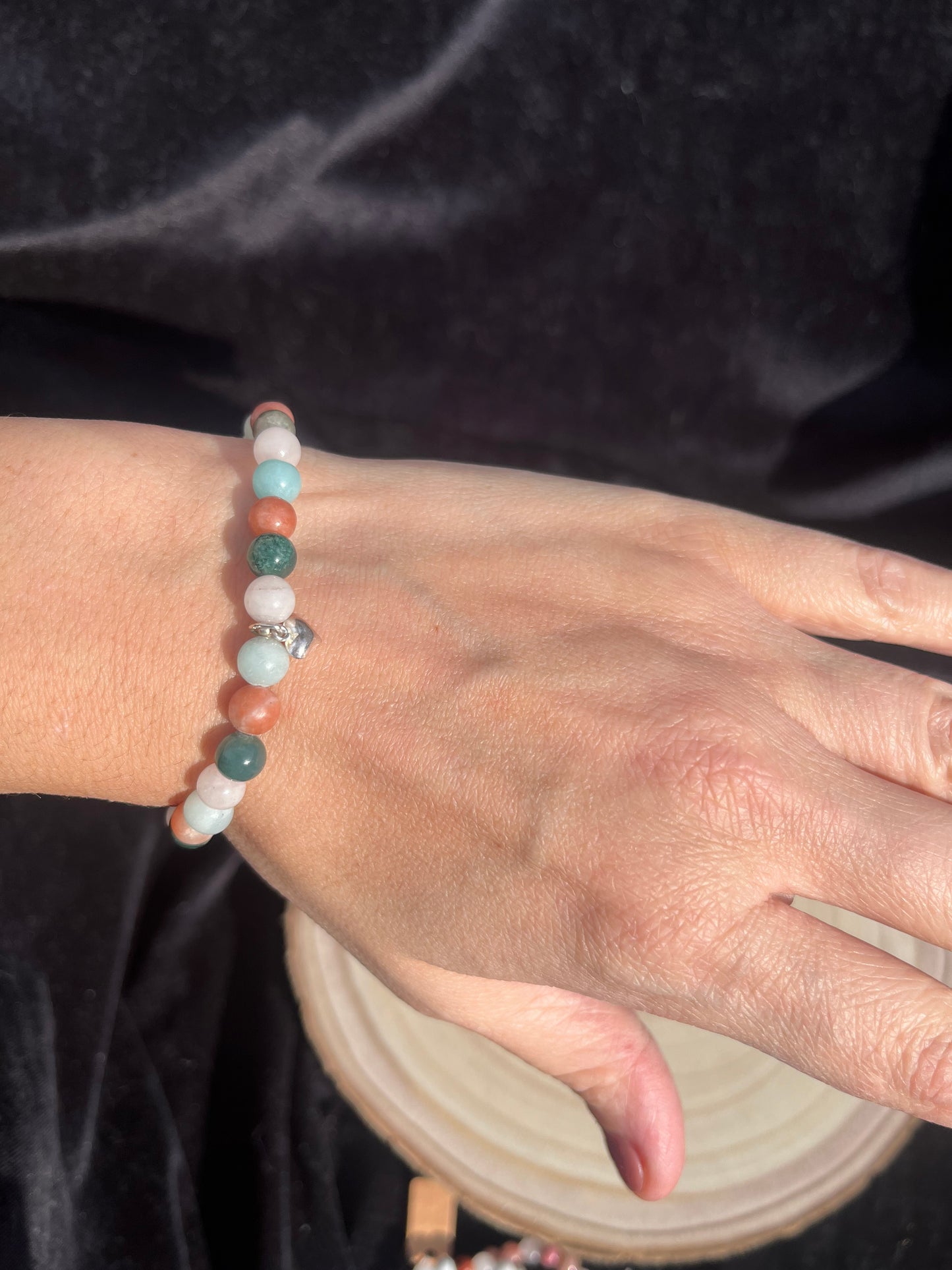 Crystal heart chakra healing bracelet. 6mm Amazonite, Rose Quartz, Pink Lepidolite and Moss Agate. 925 sterling silver and real gemstone beads - Small - Medium.