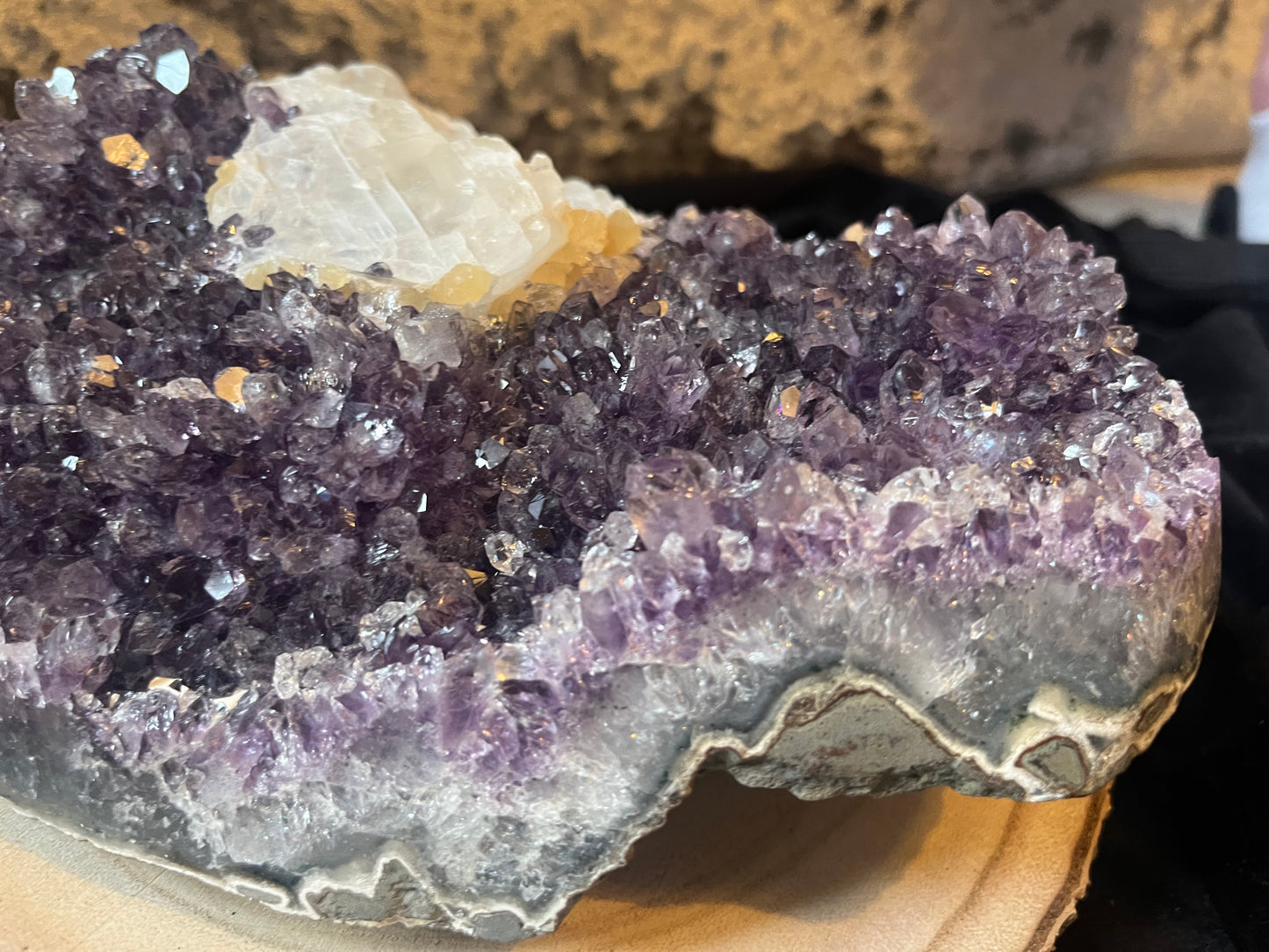 Large Midnight amethyst cluster bed with chunk of calcite - ‘Midnight Magic’. 2.3 kg