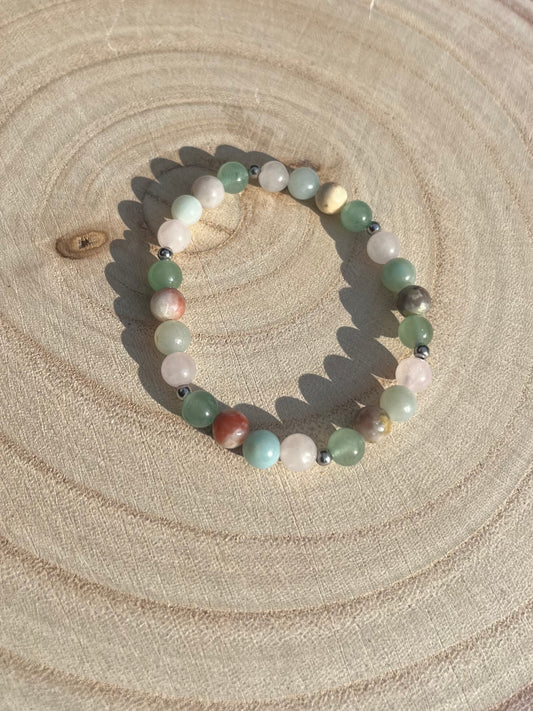 Perfect Balance bracelet. Pink Lepidolite, Amazonite, Rose Quartz, Green Aventurine. 925 sterling silver and real gemstone beads - Small - Medium.