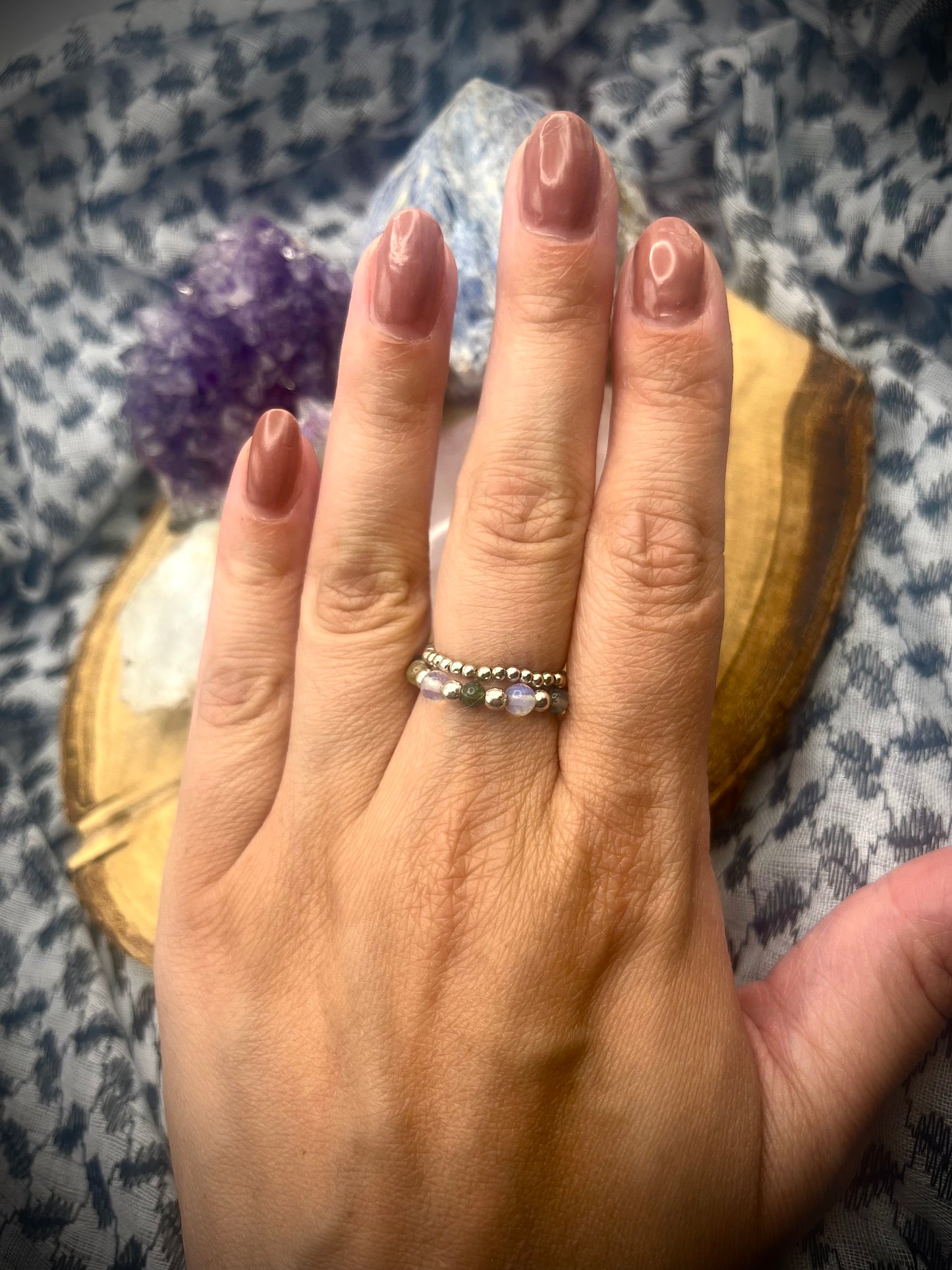 Opalite and Moss Agate with sterling silver. Stretchy Ring available in small, medium and large.