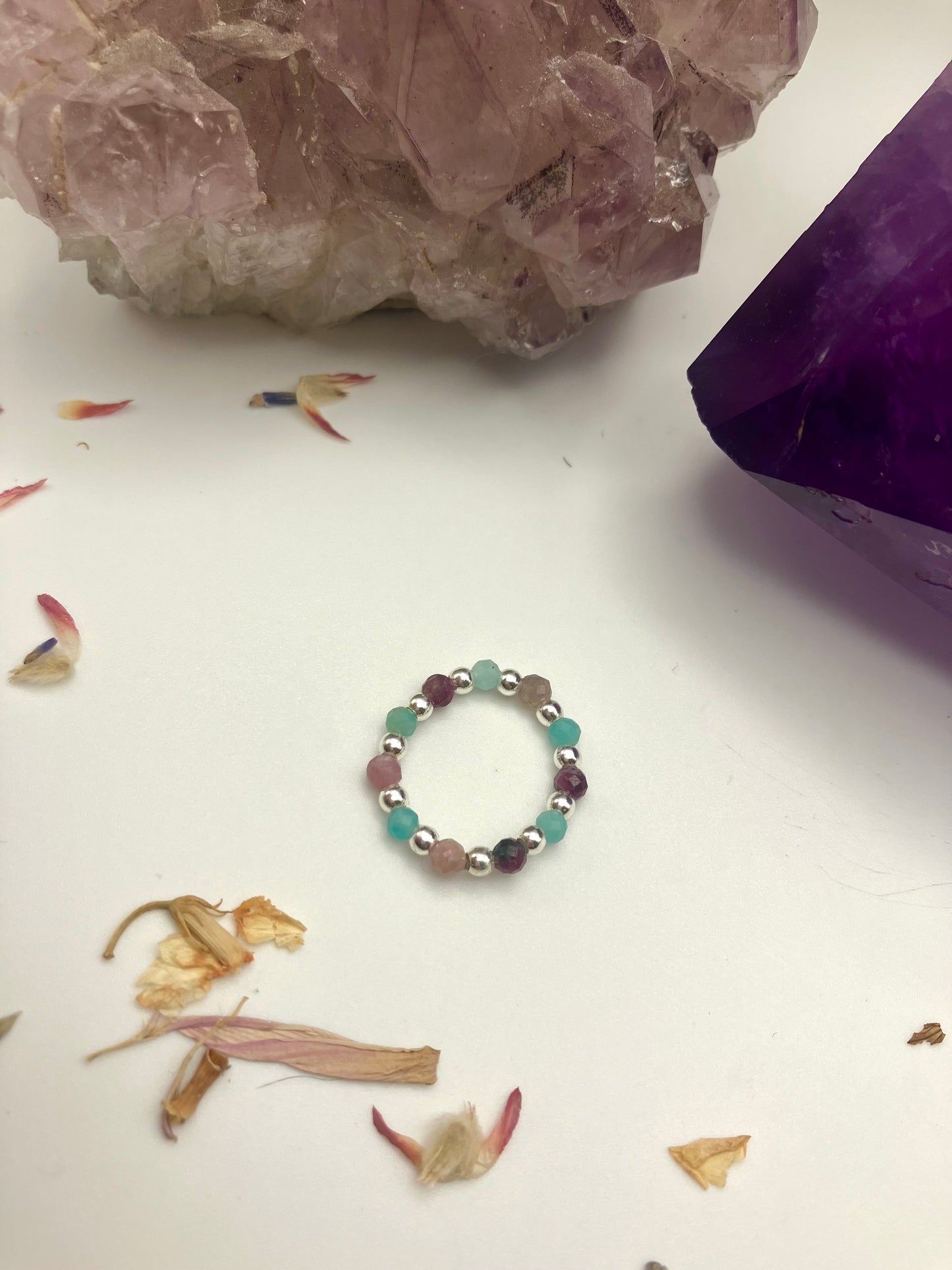 Pink Tournaline and Amazonite. Sterling silver stretch ring.