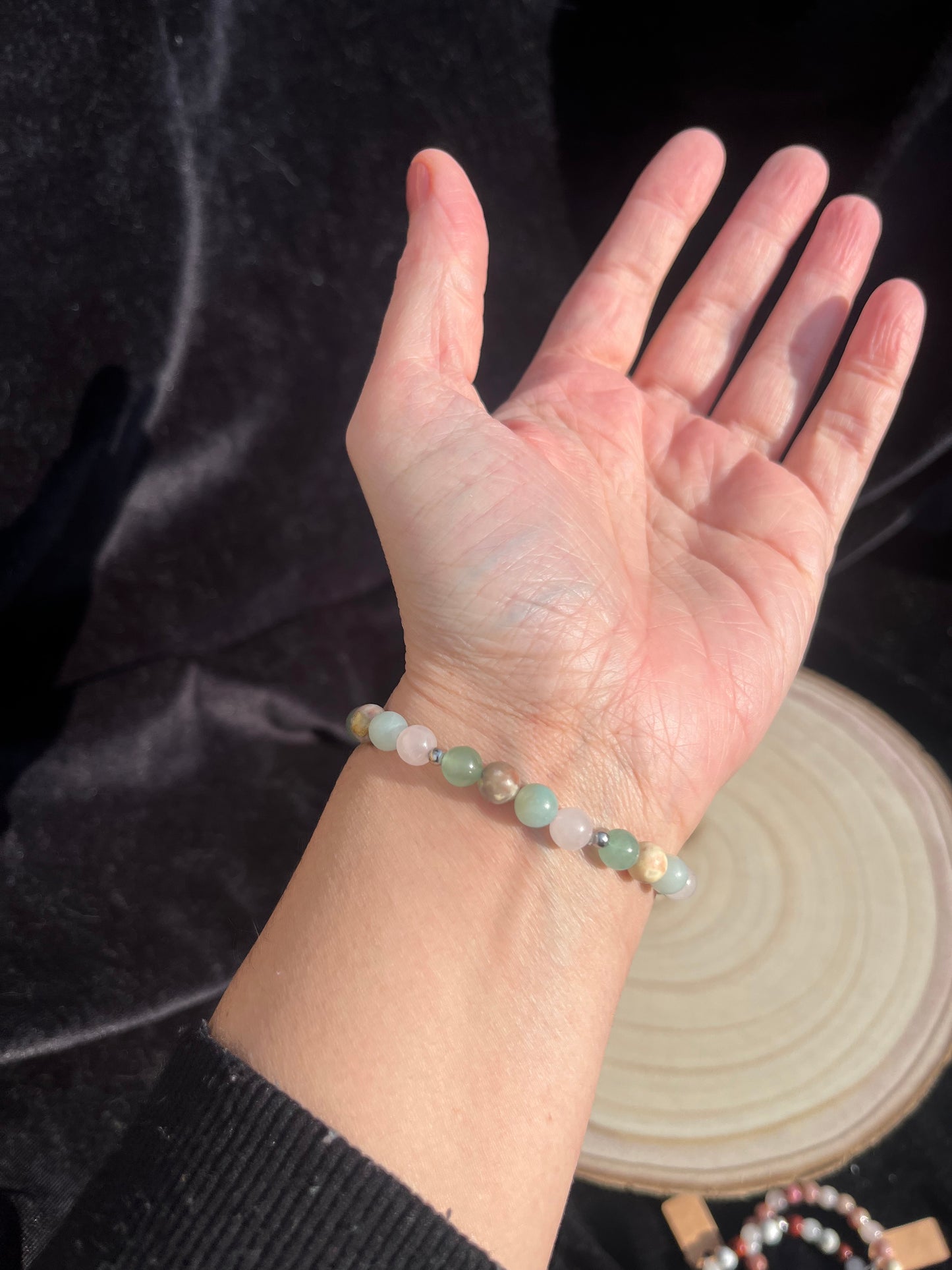 Perfect Balance bracelet. Pink Lepidolite, Amazonite, Rose Quartz, Green Aventurine. 925 sterling silver and real gemstone beads - Small - Medium.