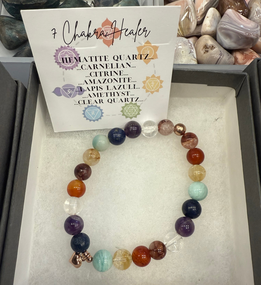 Handmade 7 Chakra stretch bracelet. 8mm Premium Crystal beads with sterling silver.