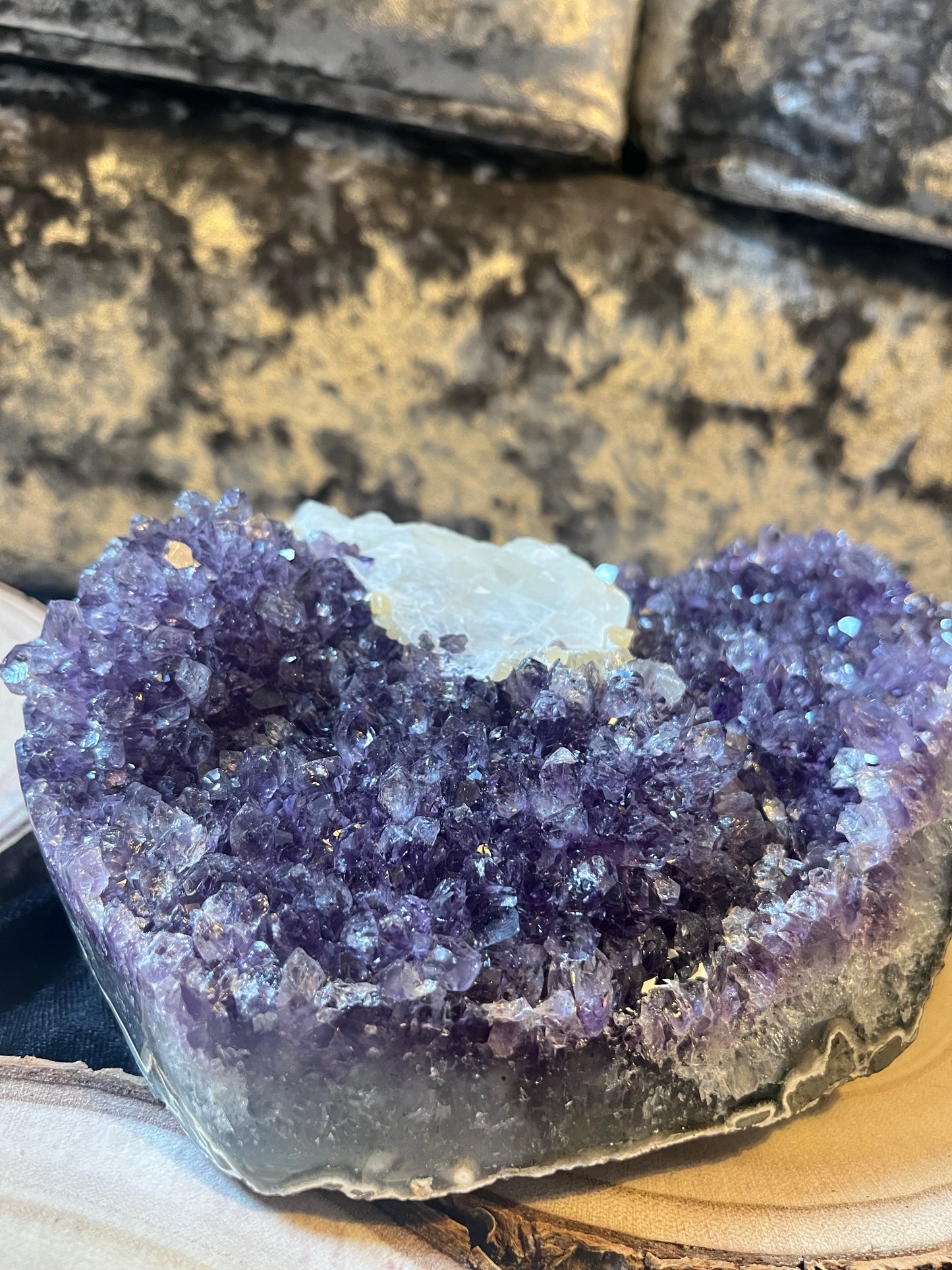 Large Midnight amethyst cluster bed with chunk of calcite - ‘Midnight Magic’. 2.3 kg