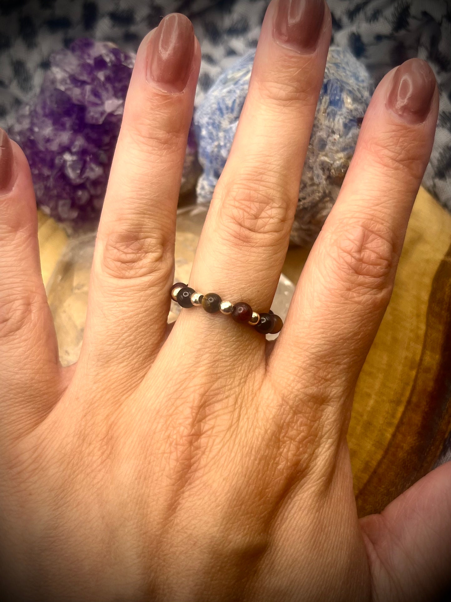 Garnet, Tigers Eye abs Black Obsidian with Sterling Silver handmade stretch stacking ring. Protection and Root Chakra energy.
