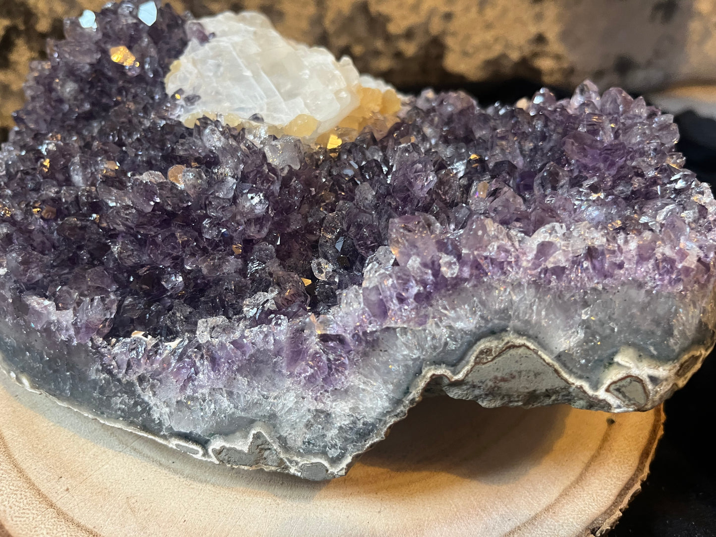 Large Midnight amethyst cluster bed with chunk of calcite - ‘Midnight Magic’. 2.3 kg