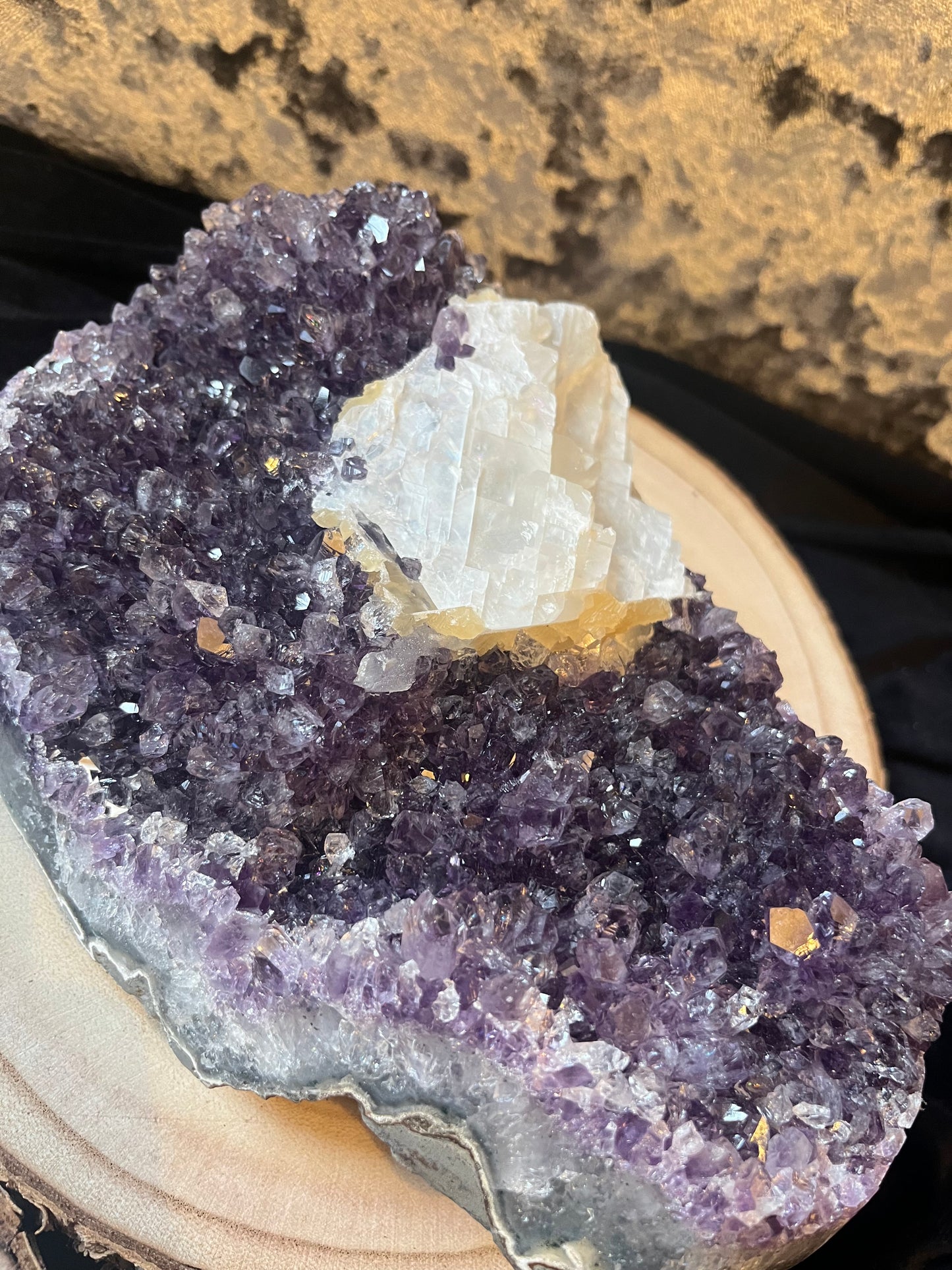Large Midnight amethyst cluster bed with chunk of calcite - ‘Midnight Magic’. 2.3 kg