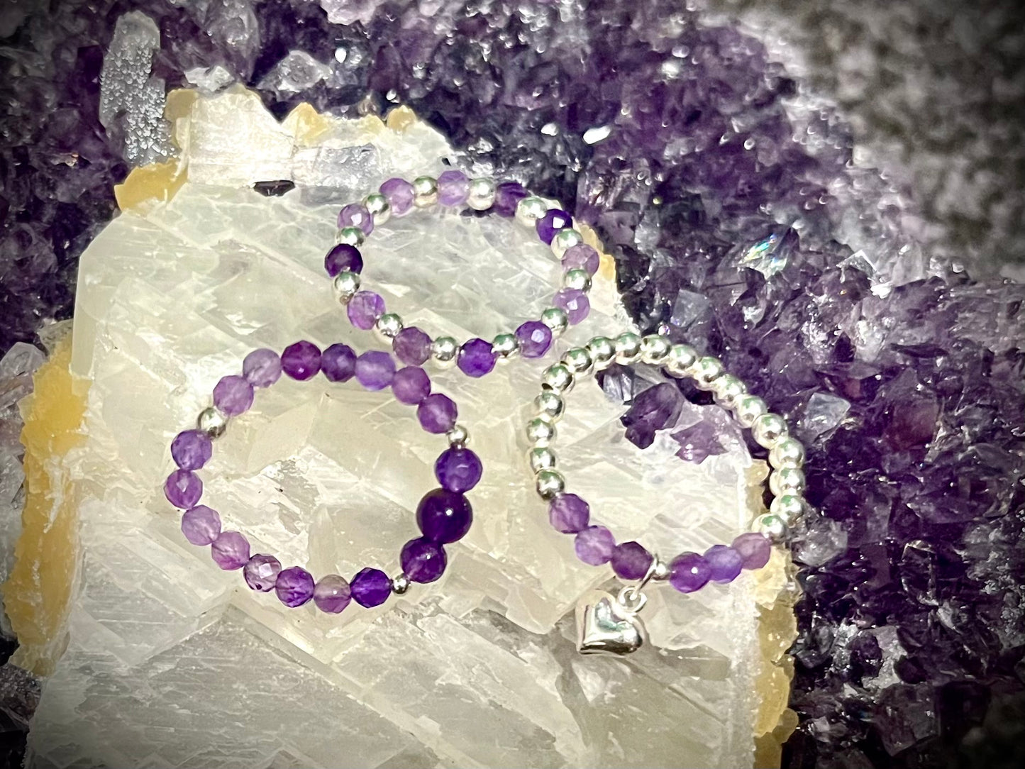 Crystal Dreams - Faceted 4mm Amethyst and Sterling Silver handmade stretchy ring.