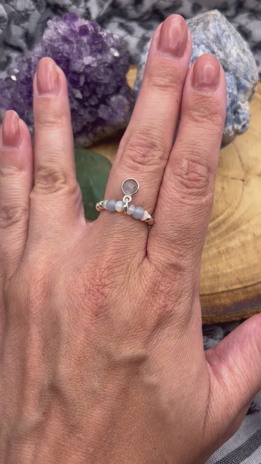 Angelite, Opal and Labradorite charm. Sterling silver stretch ring.
