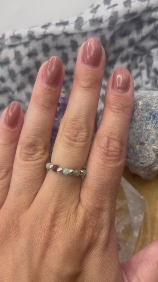 Pink Tournaline and Amazonite. Sterling silver stretch ring.