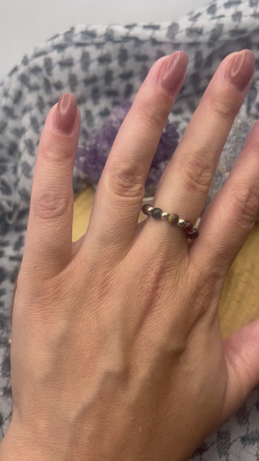 Garnet, Tigers Eye abs Black Obsidian with Sterling Silver handmade stretch stacking ring. Protection and Root Chakra energy.