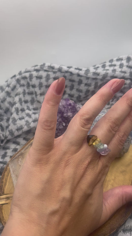 Sterling silver Chakra statement ring - black onyx, tigers eye, se, citrine, fluorite, blue lace agate, amethyst and clear Quartz.