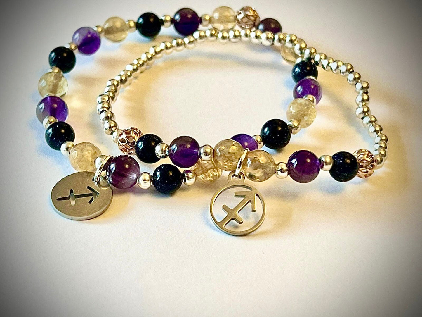 Sagittarius Full Gemstone charm bracelet. TWO OPTIONS. Amethyst, Blue goldstone. Zodiac birthday gift. Spirituality, focus