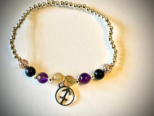 Sagittarius Semi Gemstone charm bracelet. TWO OPTIONS. Amethyst, Blue goldstone. Zodiac birthday gift. Spirituality, focus