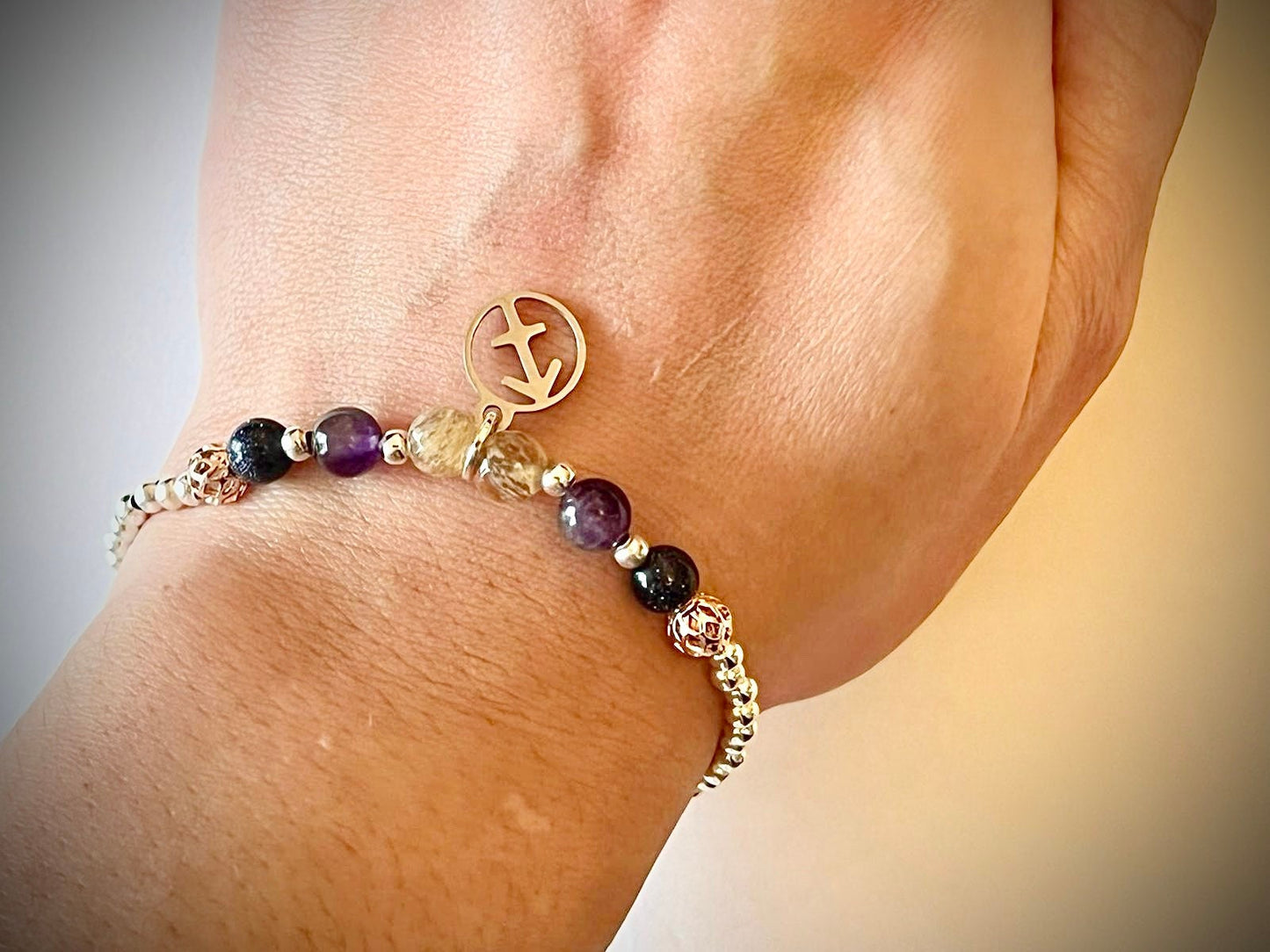 Sagittarius Semi Gemstone charm bracelet. TWO OPTIONS. Amethyst, Blue goldstone. Zodiac birthday gift. Spirituality, focus