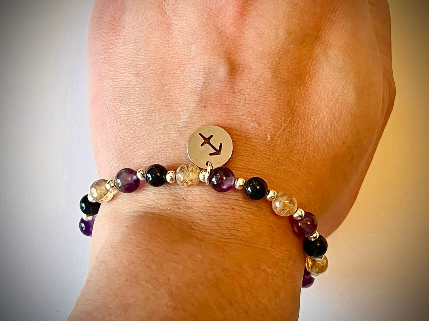 Sagittarius Full Gemstone charm bracelet. TWO OPTIONS. Amethyst, Blue goldstone. Zodiac birthday gift. Spirituality, focus