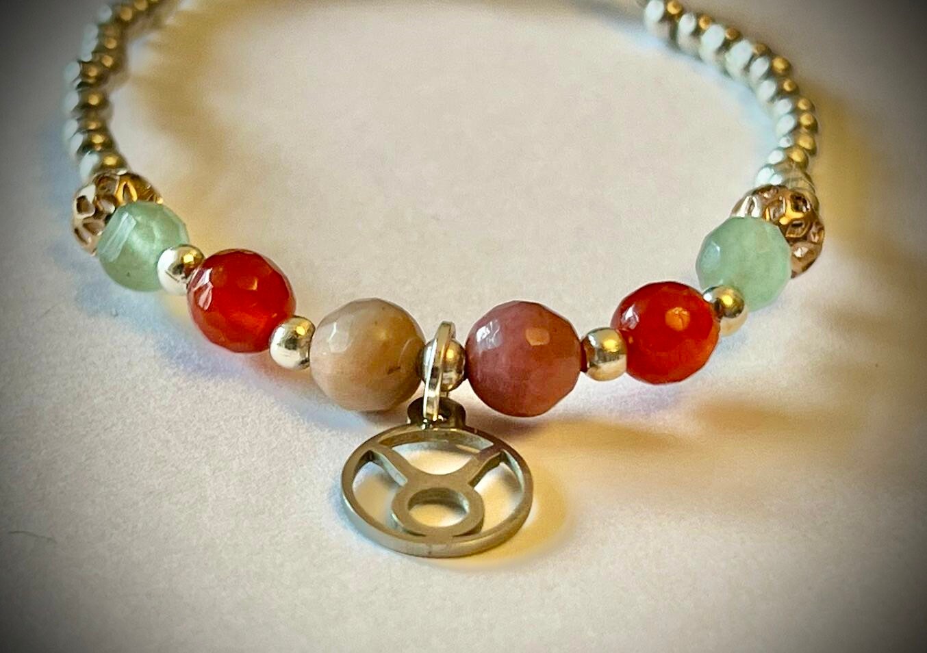 Taurus birthstone bracelet. TWO OPTIONS. Aventurine, carnelian rhodochrosite. Zodiac birthday gift. Self esteem, self confidence, self love