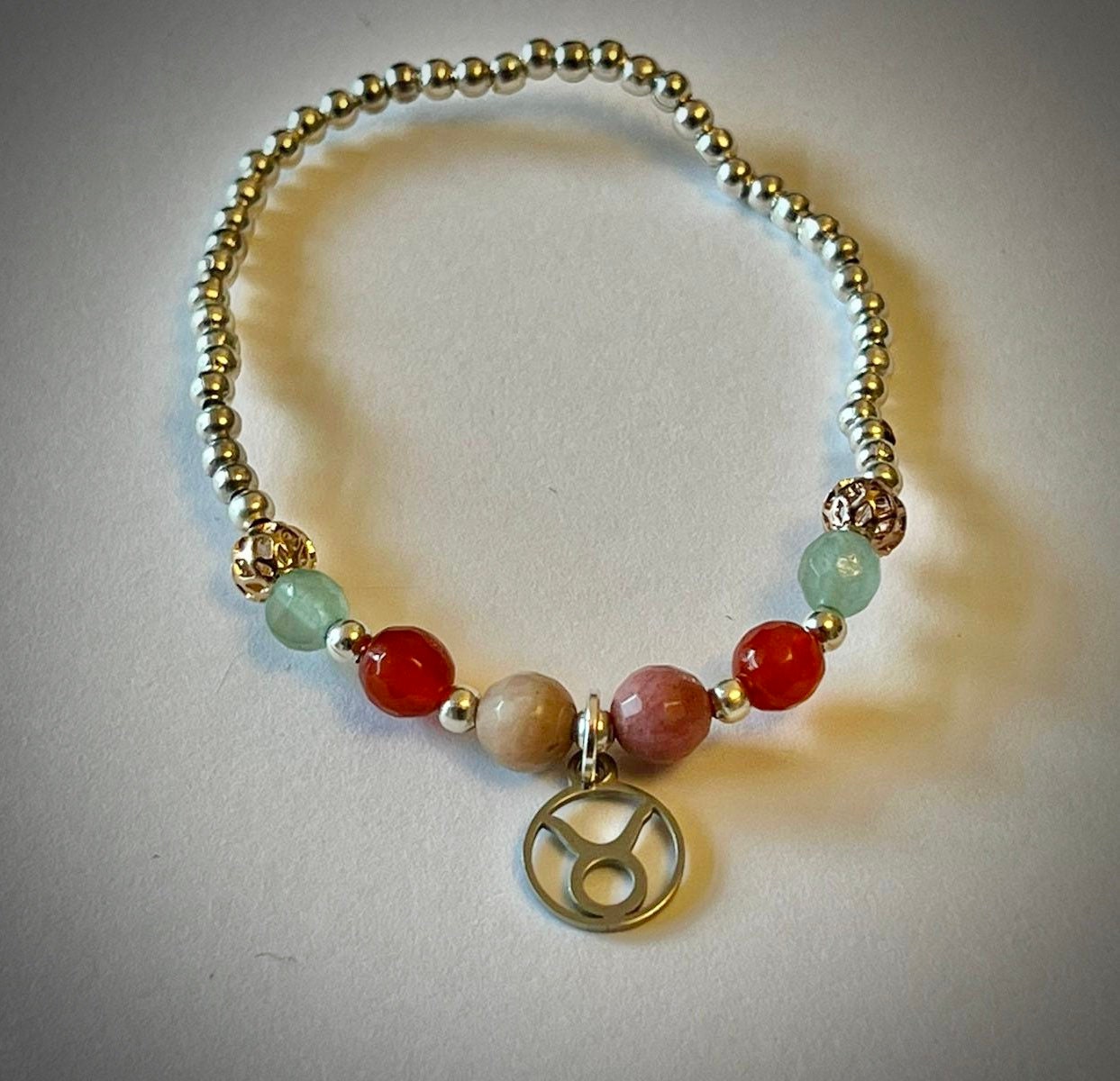 Taurus birthstone bracelet. TWO OPTIONS. Aventurine, carnelian rhodochrosite. Zodiac birthday gift. Self esteem, self confidence, self love