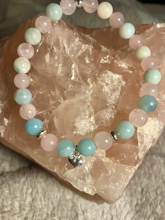 Crystal heart chakra healing bracelet. 6mm Amazonite and Rose Quartz. 925 sterling silver and real gemstone beads.