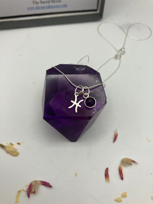 Sterling Silver Pisces Necklace with Amethyst gem charm