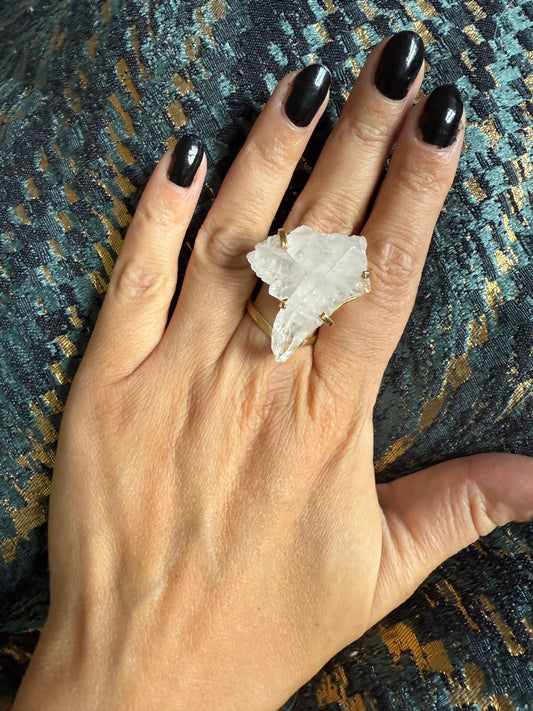 Clear Quartz Statement Ring. Crystal for ascension and healing. Gold plated and adjustable.