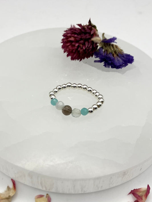 Smoky quartz and Amazonite. Sterling Silver handmade stretch stacking ring.