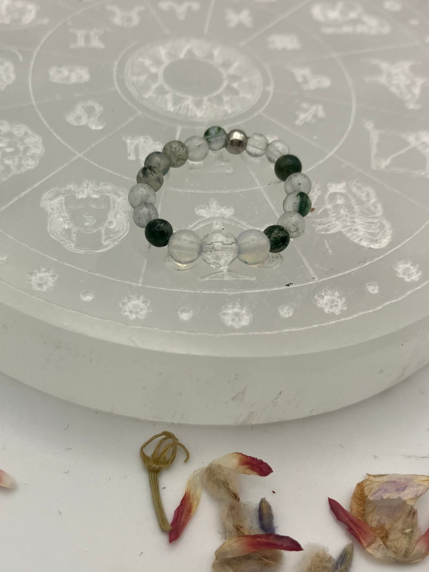 Clarity and concentration - Moss agate, opalite and clear Quartz silver coloured iron bead.