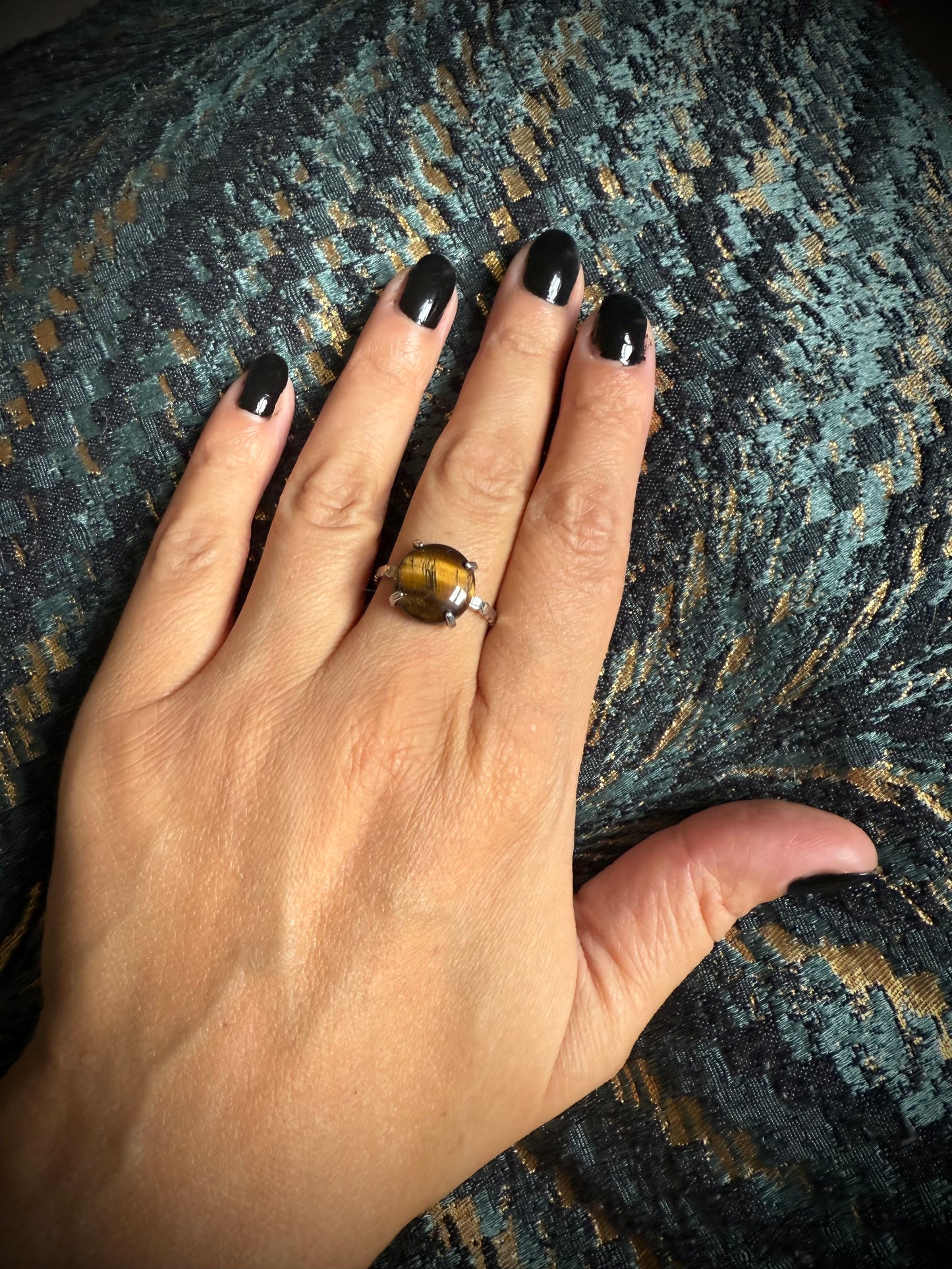 Silver Plated Adjustable Ring - Tigers Eye