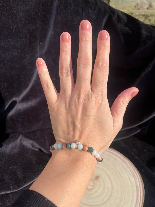 Crystal heart chakra healing bracelet. 6mm Amazonite, Rose Quartz, Pink Lepidolite and Moss Agate. 925 sterling silver and real gemstone beads - Small - Medium.