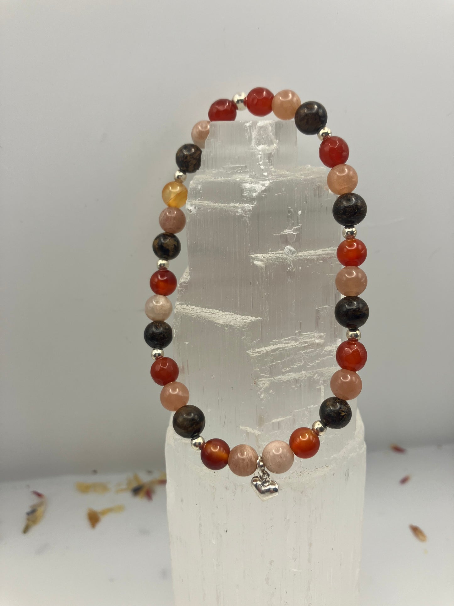 Sterling Silver Sacral Chakra Healing Bracelet. Bronzite, Carnelian, peach moonstone. Medium.