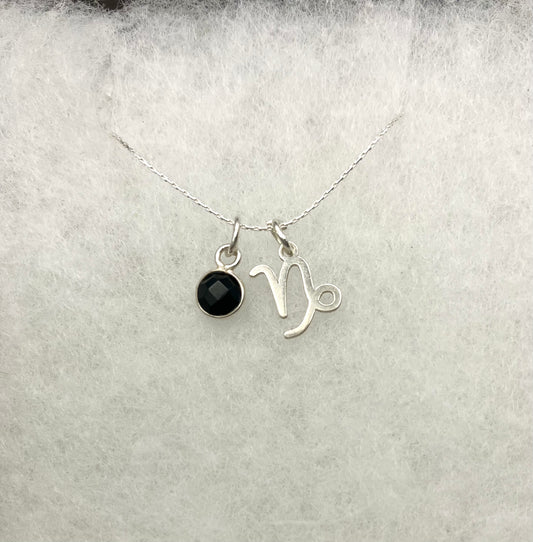 Sterling Silver Capricorn Necklace with black onyx gem charm.