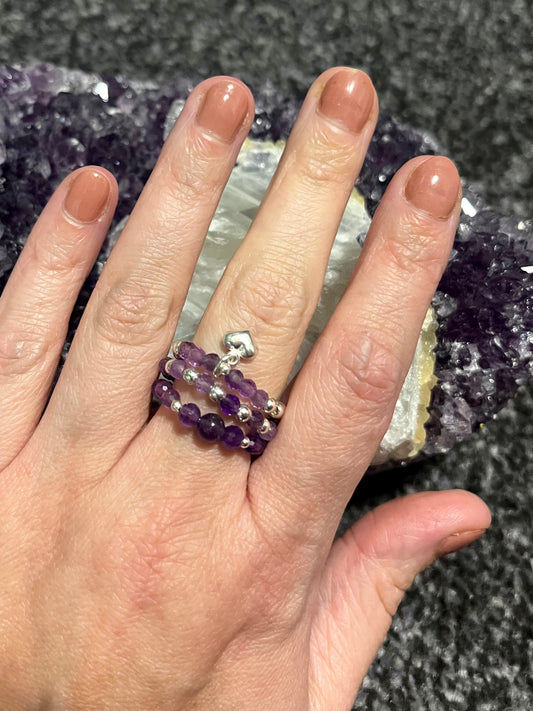 Crystal Dreams - Amethyst Ring stack. Sterling Silver handmade stretchy rings.