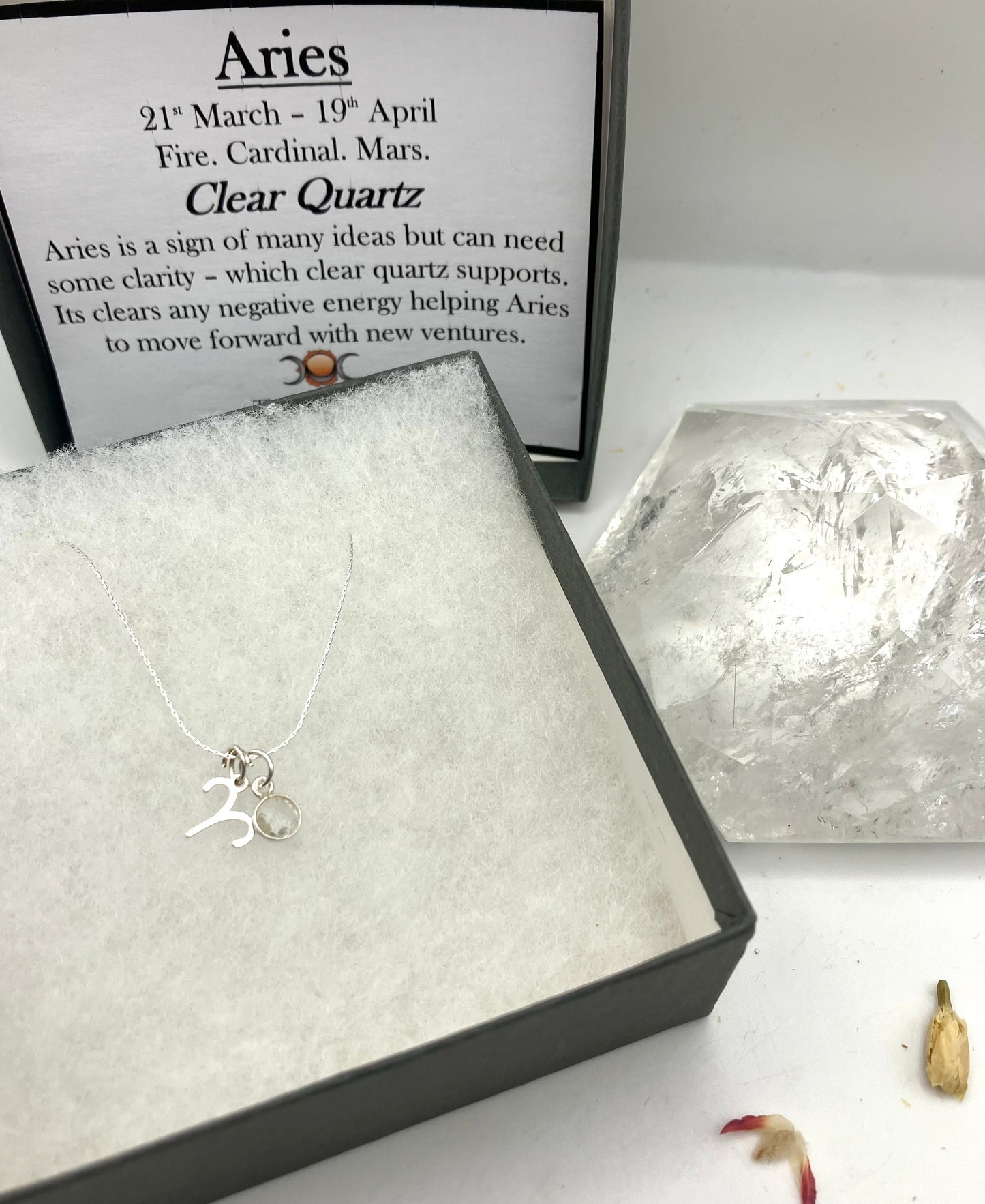 Sterling Silver Aries Necklace with Clear Quartz gem charm.