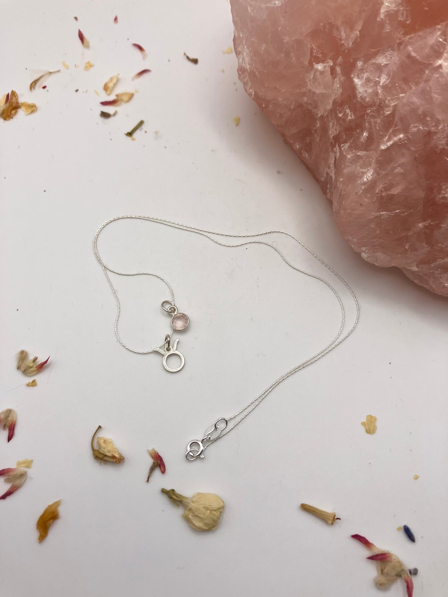 Sterling Silver Taurus Necklace with rose Quartz gem charm.