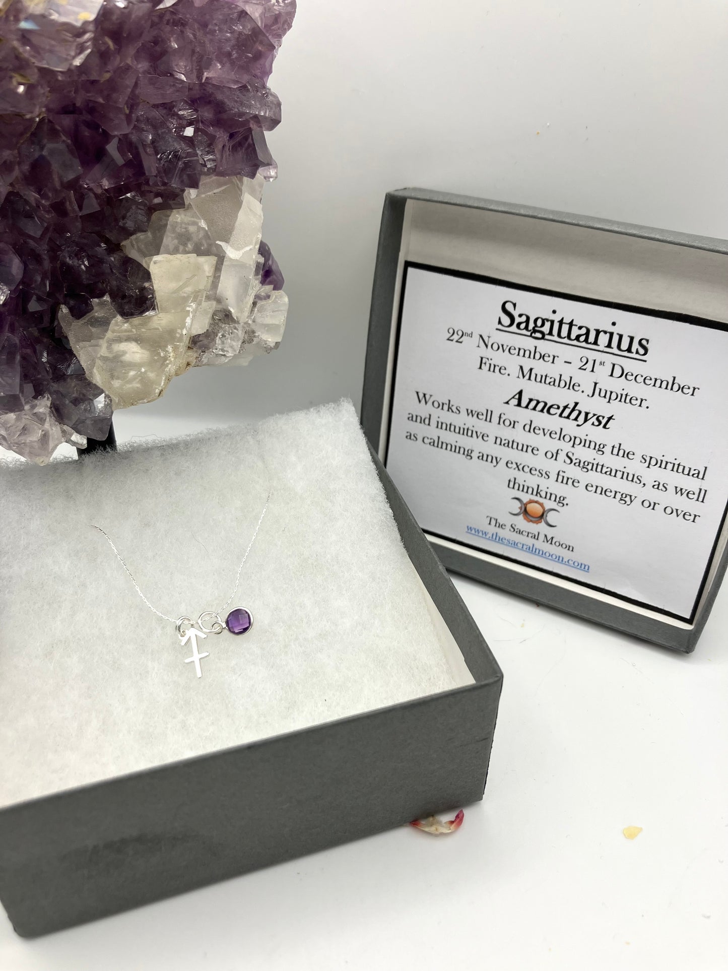 Sterling Silver Sagittarius Necklace with Amethyst gem charm.