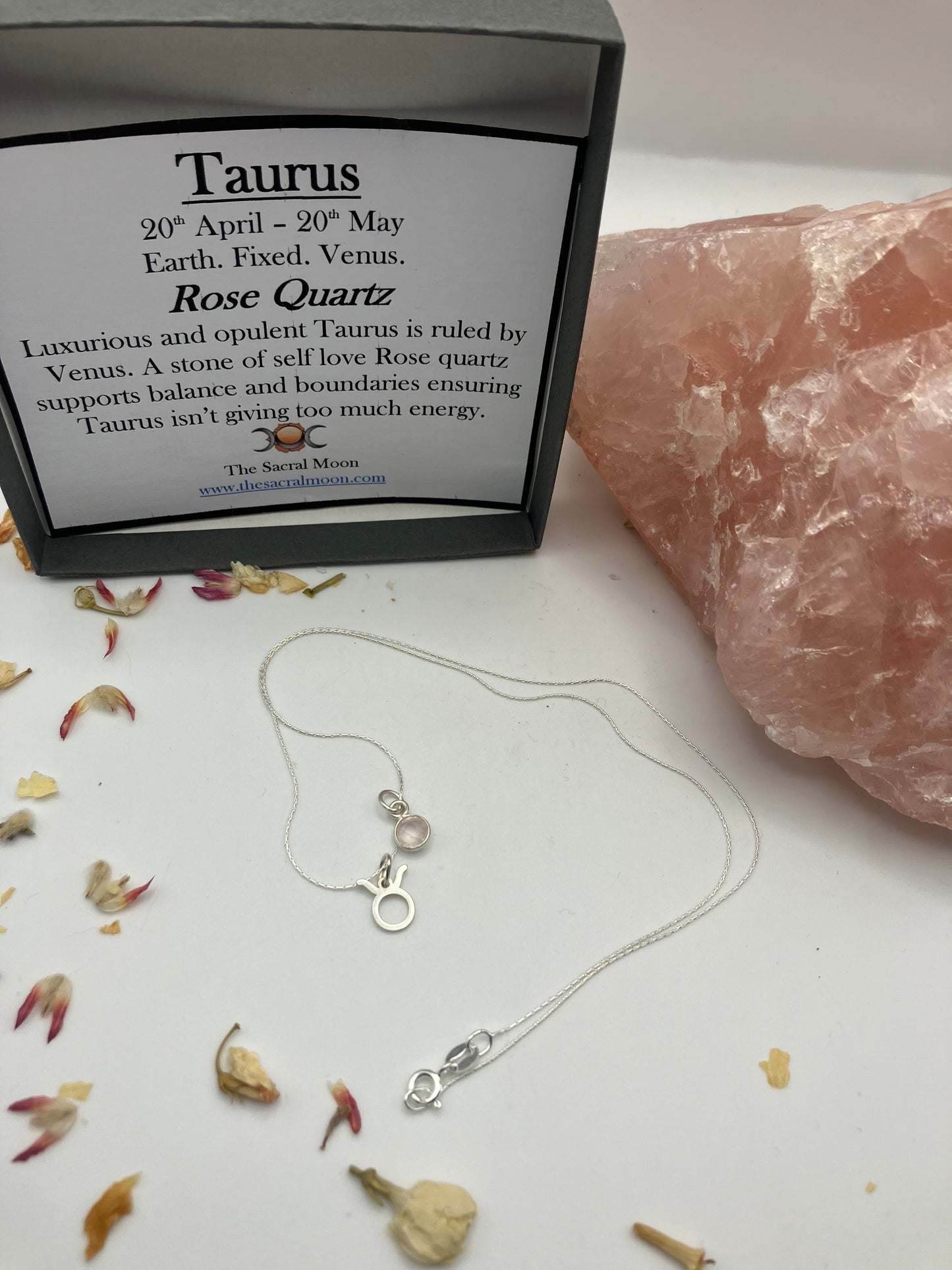 Sterling Silver Taurus Necklace with rose Quartz gem charm.