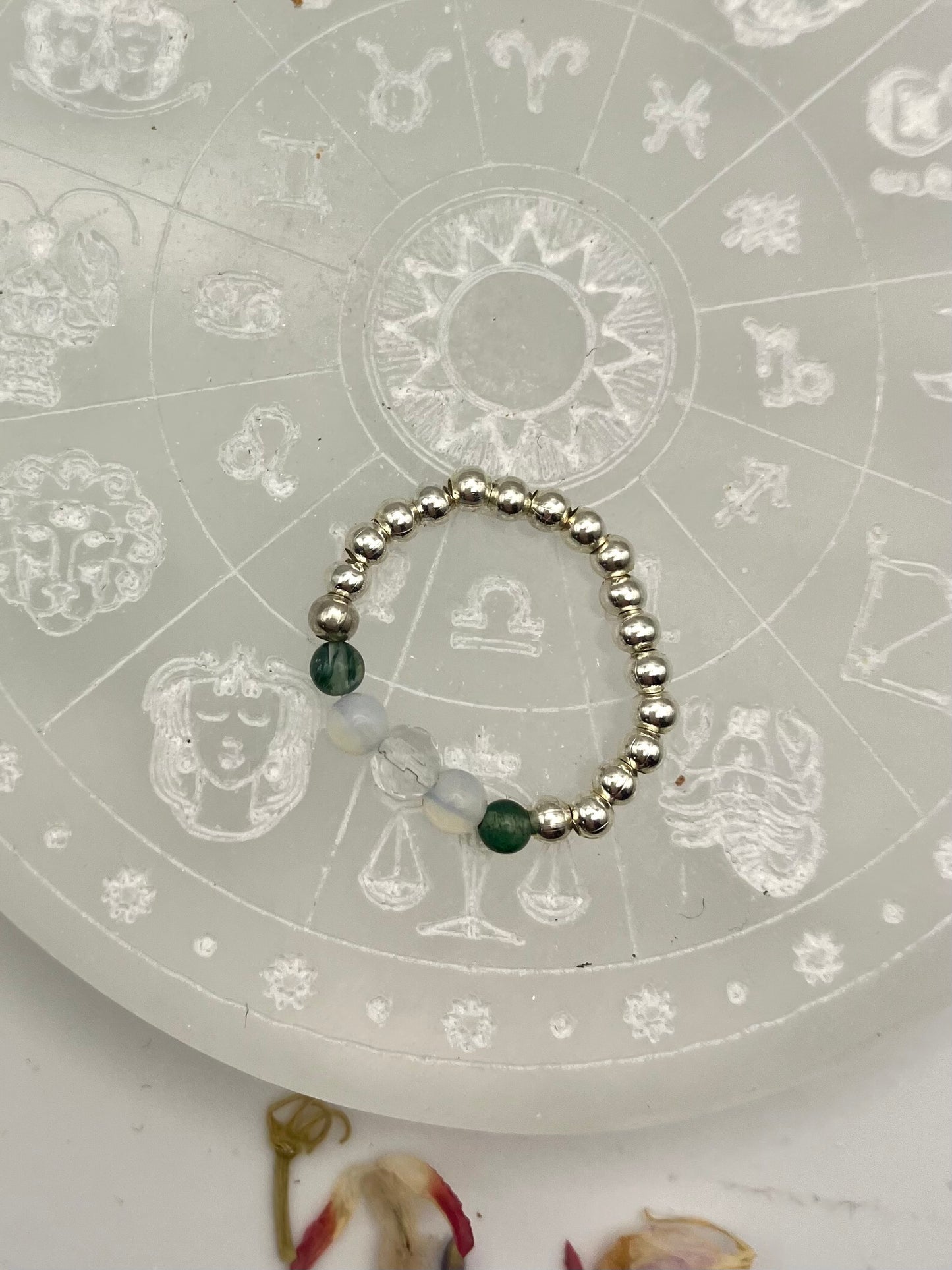 Clarity and concentration - Moss agate, opalite and clear Quartz silver coloured iron beads.