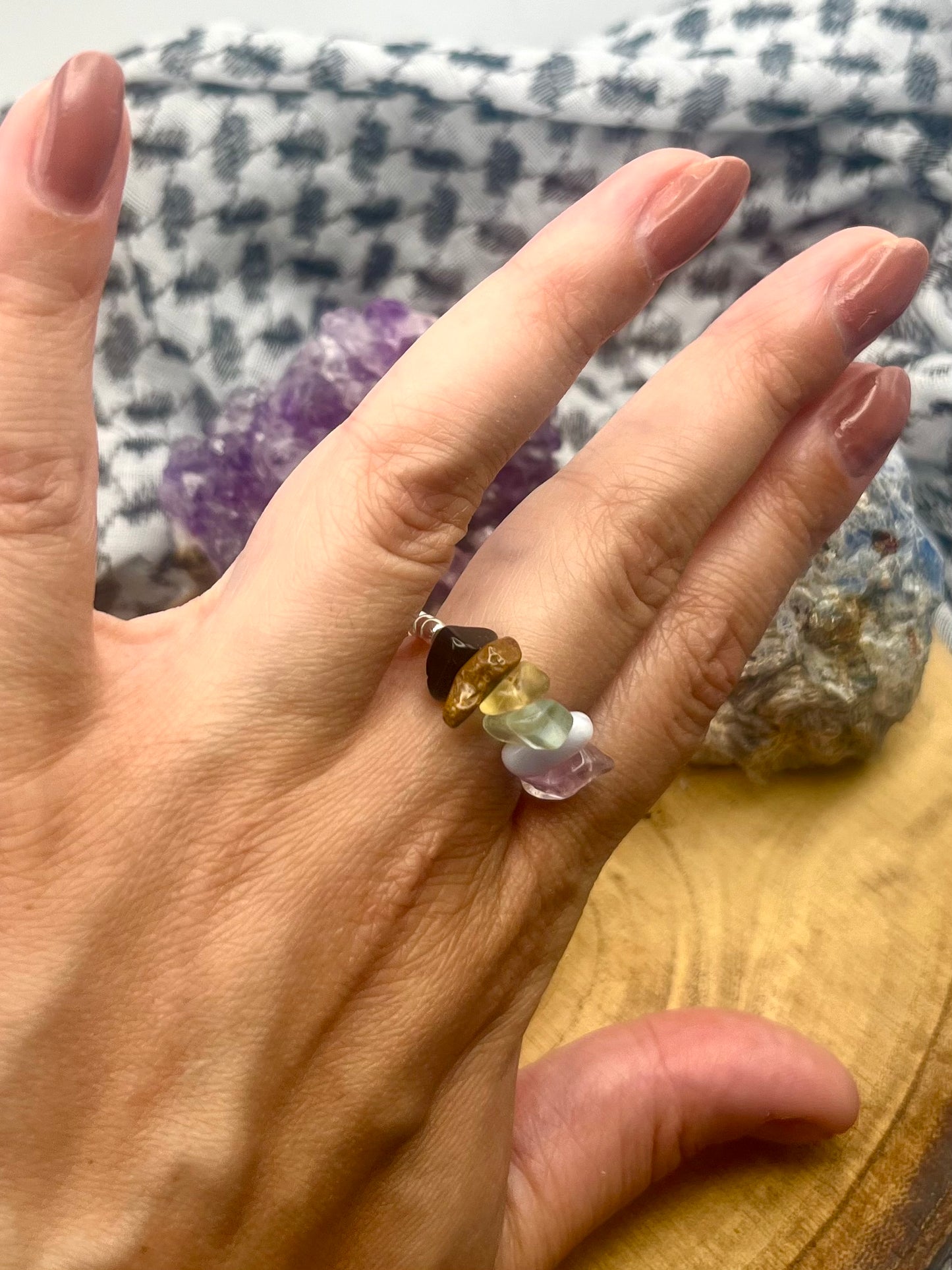 Sterling silver Chakra statement ring - black onyx, tigers eye, se, citrine, fluorite, blue lace agate, amethyst and clear Quartz.