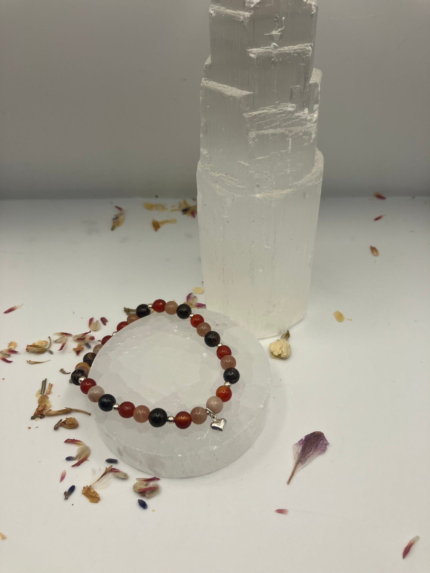 Sterling Silver Sacral Chakra Healing Bracelet. Bronzite, Carnelian, peach moonstone. Medium.