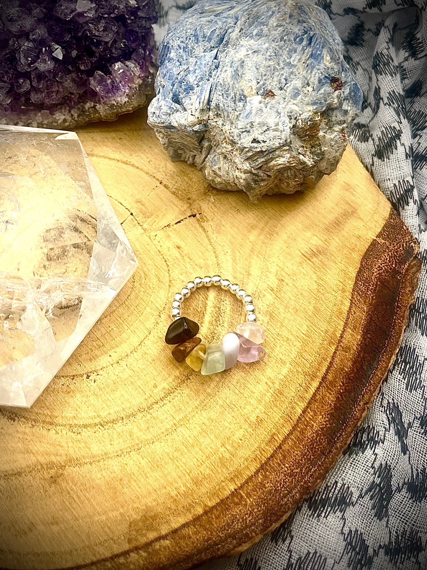 Sterling silver Chakra statement ring - black onyx, tigers eye, se, citrine, fluorite, blue lace agate, amethyst and clear Quartz.