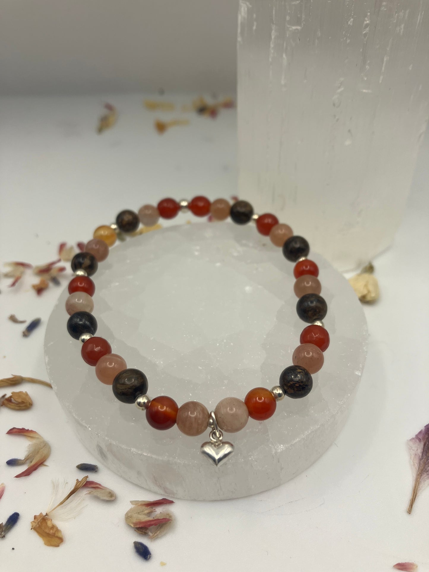 Sterling Silver Sacral Chakra Healing Bracelet. Bronzite, Carnelian, peach moonstone. Medium.