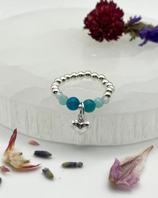 ‘Crystal hearts’ charm ring - throat chakra. Blue apatite, Aquamarine, Amazonite