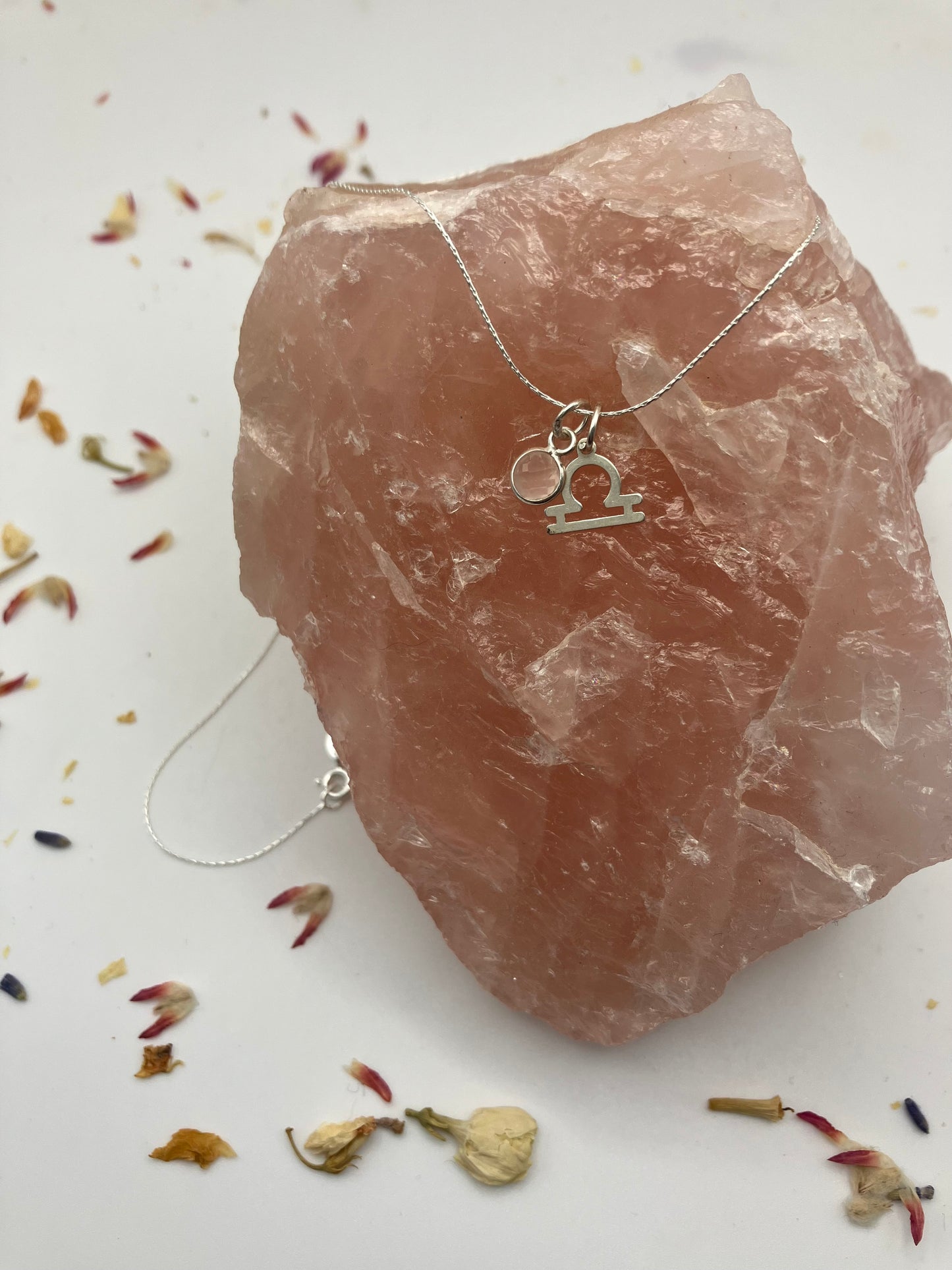 Sterling Silver Libra Necklace with Rose Quartz gem charm.