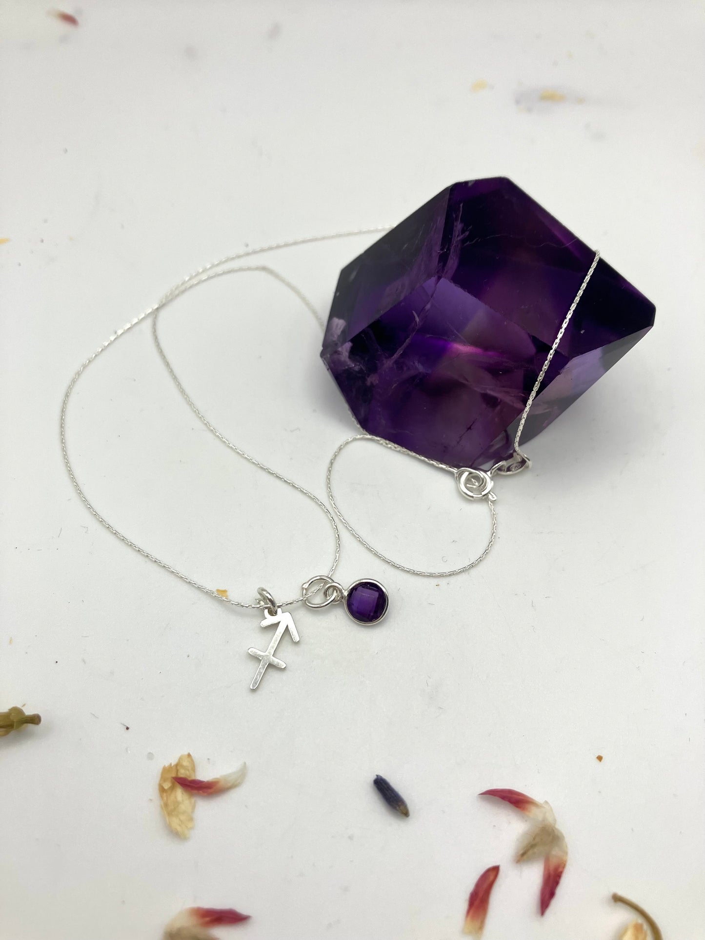 Sterling Silver Sagittarius Necklace with Amethyst gem charm.