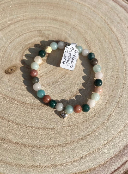 Crystal heart chakra healing bracelet. 6mm Amazonite, Rose Quartz, Pink Lepidolite and Moss Agate. 925 sterling silver and real gemstone beads - Small - Medium.