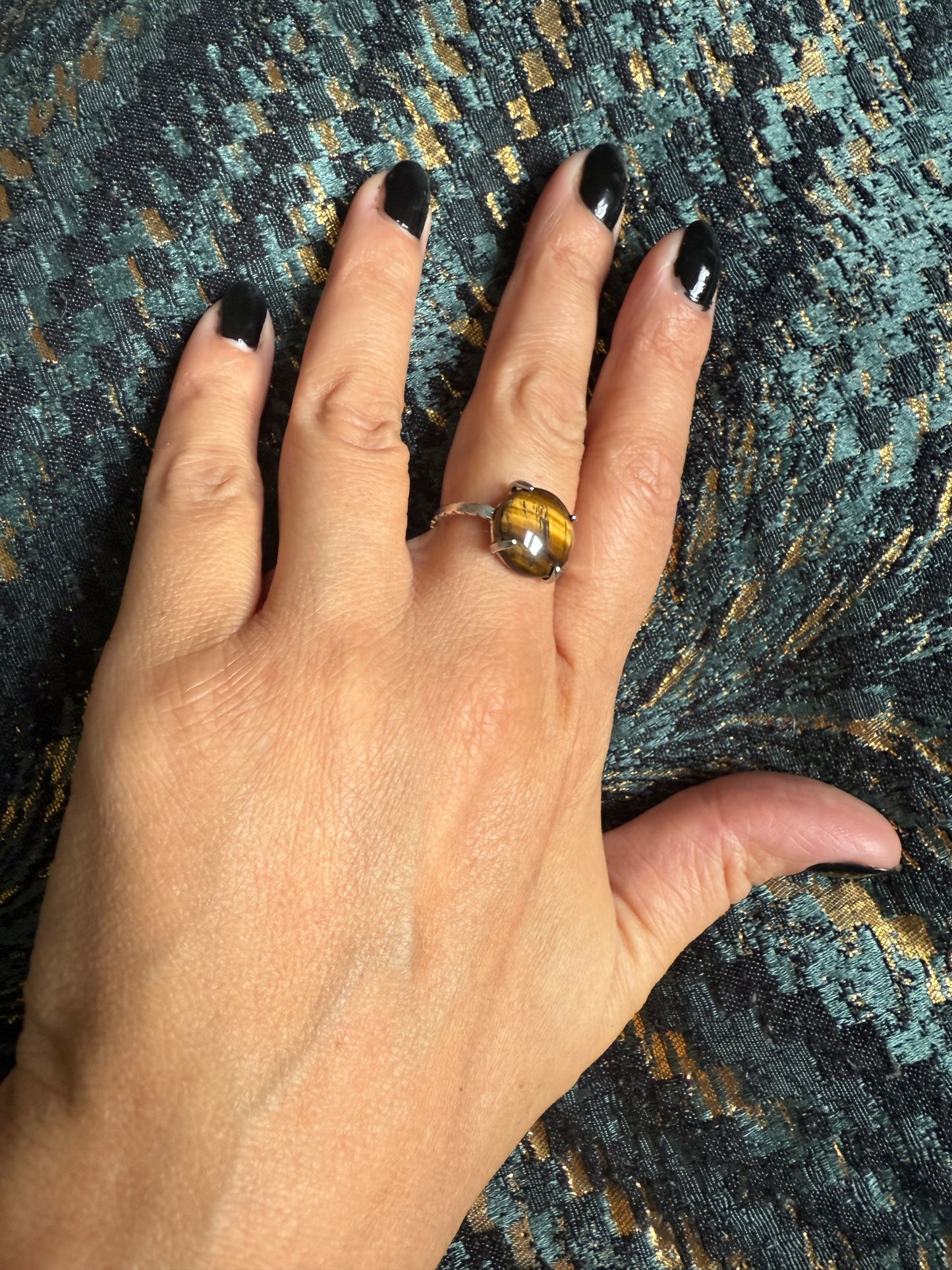 Silver Plated Adjustable Ring - Tigers Eye