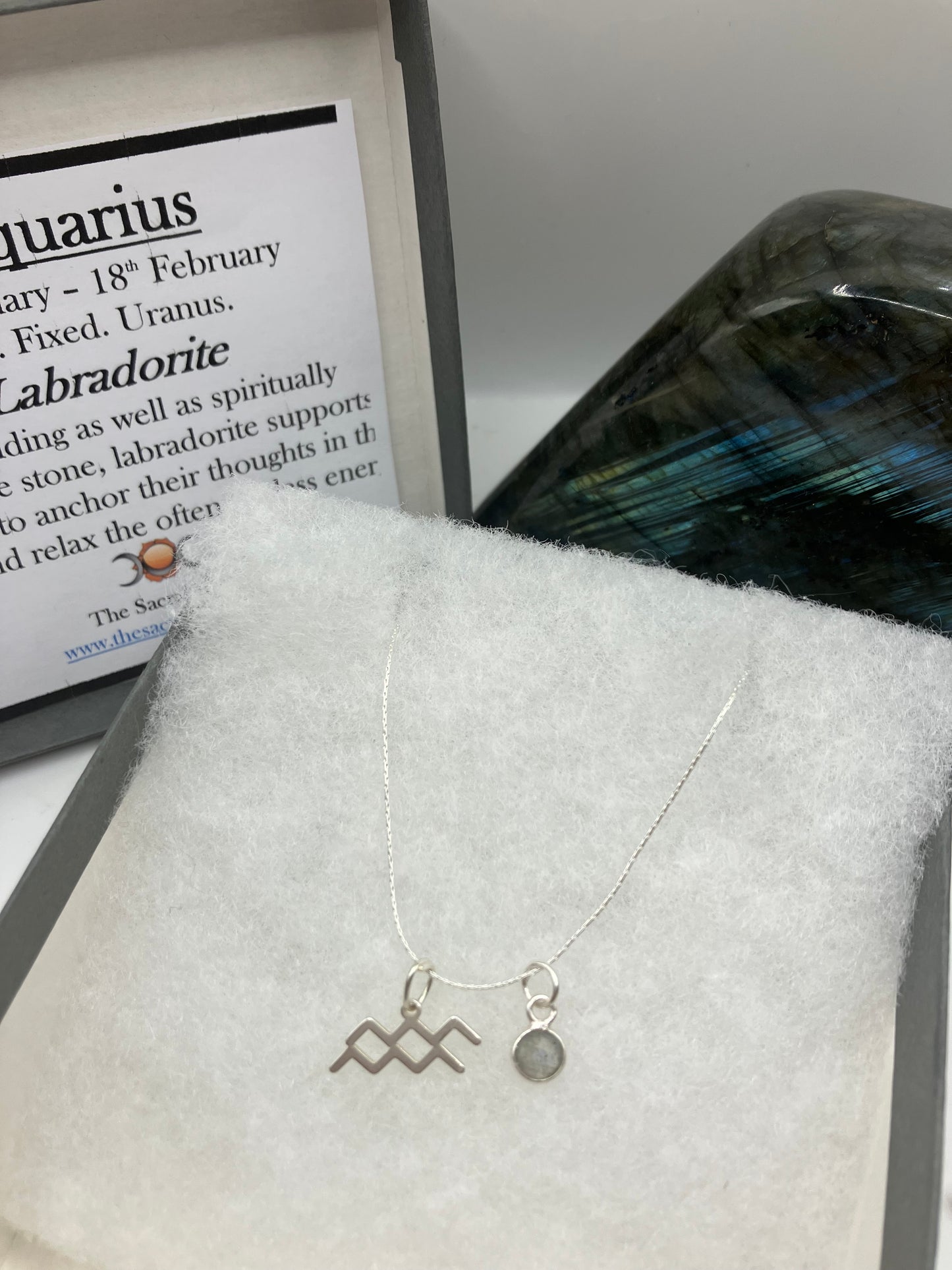 Sterling Silver Aquarius Necklace with Labradorite gem charm.